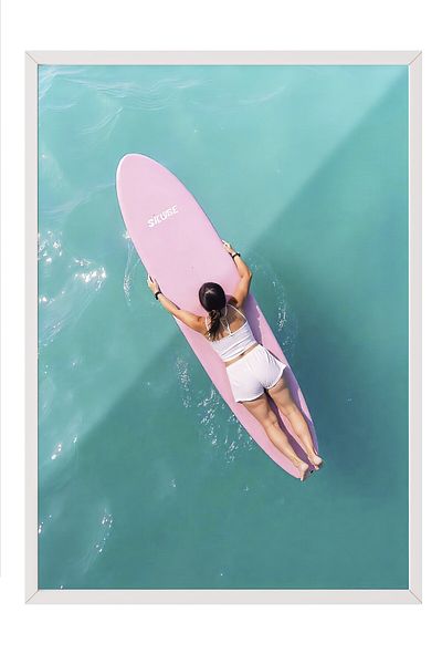 Postifull White Framed Poster, Surfing on the Sea, Illustration, Blue Color Poster, 2025 Summer Selection, No:109597
