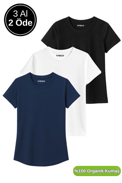 Rich Women's 3-Pack Black-White-Navy 100% Organic Cotton Regular Fit T-Shirt Crew Neck T-Shirt