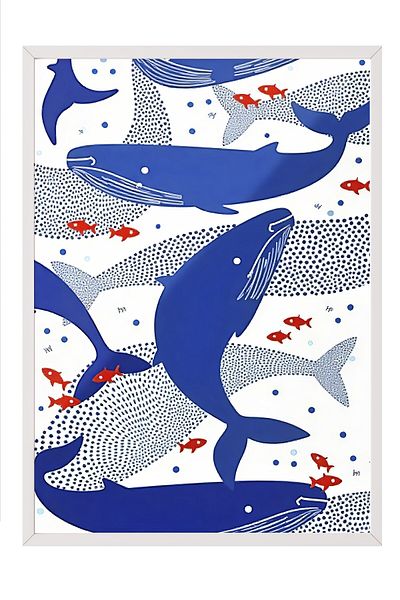 Postifull White Framed Poster, Whale, Illustration, Blue Color Poster, Summer Selection 2025, No:109621