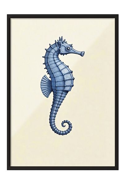 Postifull Black Framed Poster, Seahorse, Illustration, Blue Color Poster, 2025 Summer Selection, No:109578