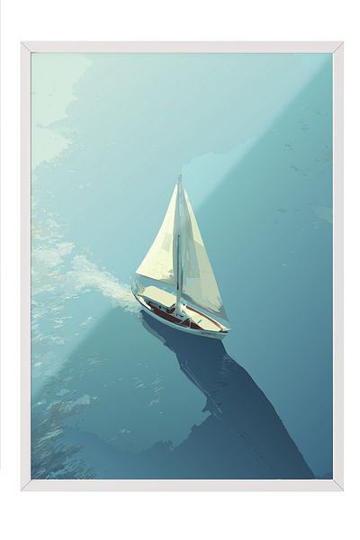 Postifull White Framed Painting, Sailboat, Ocean, Flat Illustration, Blue Color Poster, 2025 Summer Selection, No:1