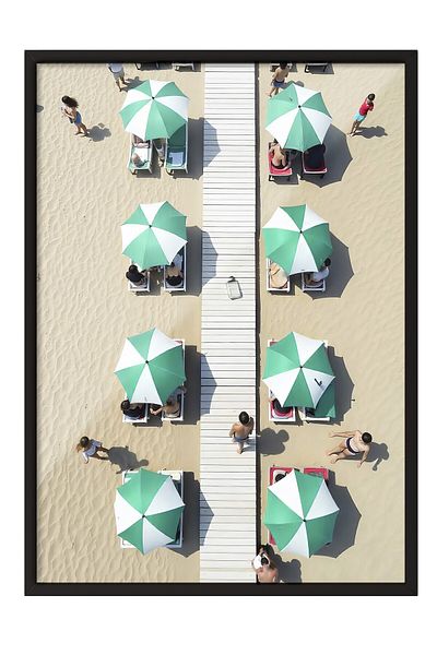 Postifull Black Framed Poster Painting, Beach and Umbrellas, Photo, Blue Color Poster, 2025 Summer Selection, No:1