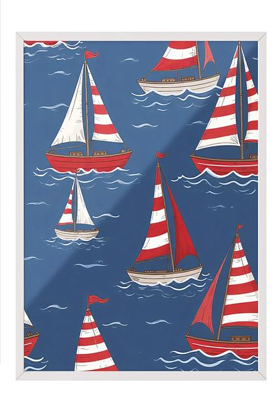 Postifull White Framed Poster, Sailboats, Illustration, Blue Color Poster, 2025 Summer Selection, No:109634