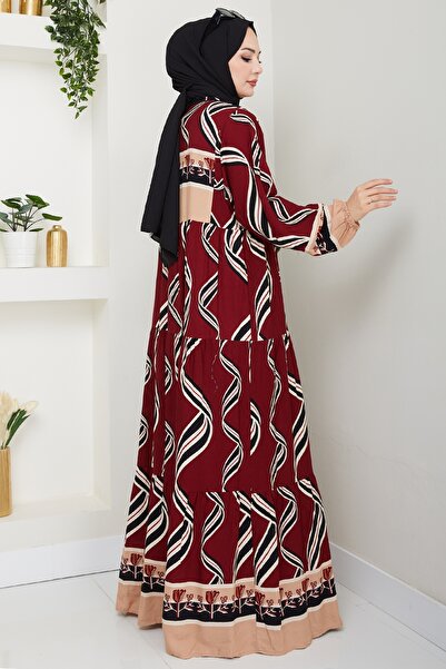 InStyle Shaped Spiral Pattern Viscose Dress Burgundy