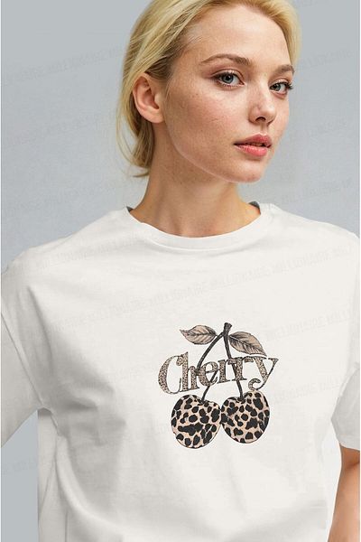 Millionaire Women's Ecru White Cherry Leopard Cherry Print Regular Fit Regular Fit T-Shirt