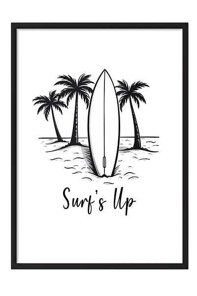 Postifull Black Framed Poster, Surf Time, Illustration, Black & White Color Poster, 2025 Summer Selection, No:1