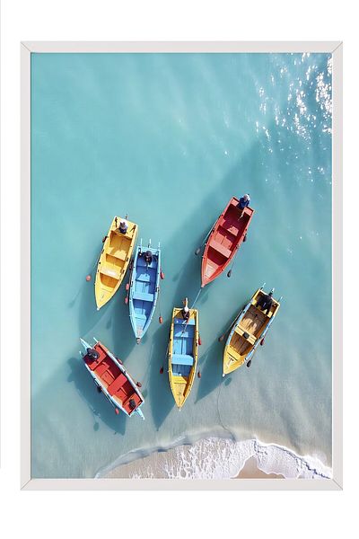 Postifull White Framed Poster, Boats, Photo, Maximalist, Blue Color Poster, 2025 Summer Selection, No:10955