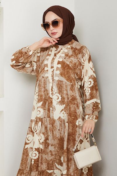 InStyle Oval Shape Pattern Casual Viscose Dress Brown