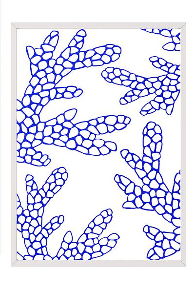 Postifull White Framed Painting, Coral, Pattern, Illustration, Blue, White Color Poster, 2025 Summer Selection, No:10