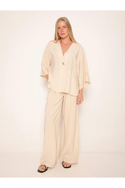 Coral One Button Blouse Pants Suit Stone