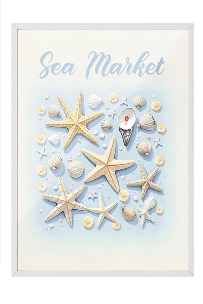 Postifull White Framed Poster, Sea Market, Illustration, Blue Color Poster, 2025 Summer Selection, No:109581
