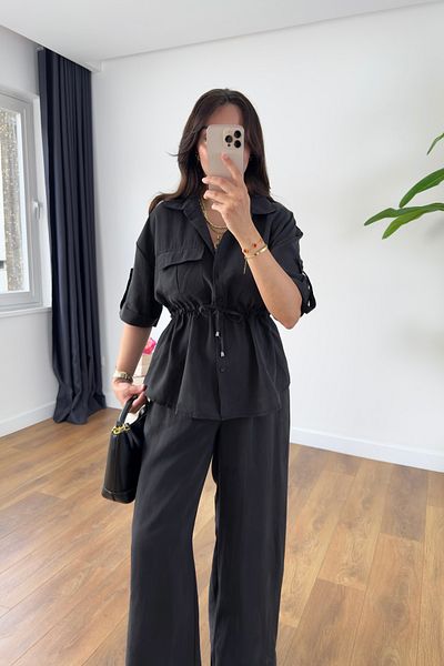 BİRCANÇİL Grow Black Pocket Detailed Waist Tie Shirt Trousers Set