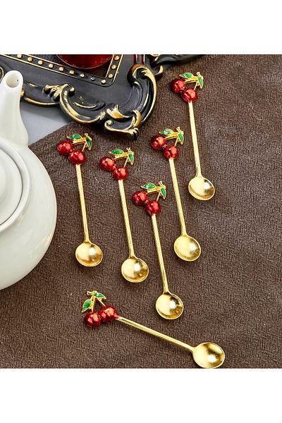 MODA OZY 6 Pieces Cherry Spoons Cherry Tea Coffee Spoons Cocktail Stirrer Dessert Spoons