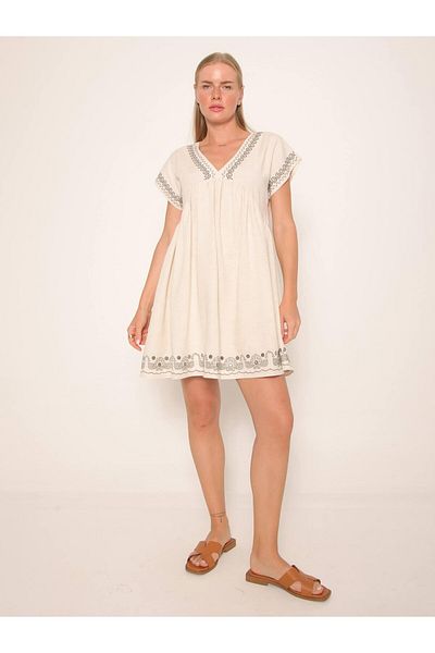 Coral Embroidery Detailed Mini Dress Natural