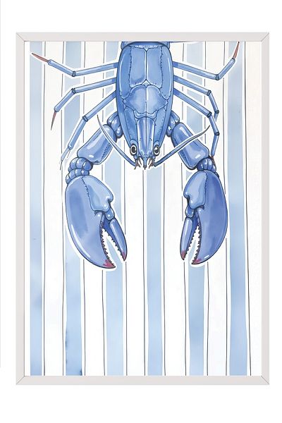 Postifull White Framed Poster Painting, Blue Lobster, Illustration, Blue Color Poster, 2025 Summer Selection, No:109