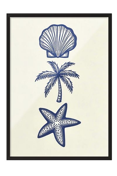 Postifull Black Framed Poster, Seashell, Illustration, Blue Color Poster, Summer Selection 2025, No:109570