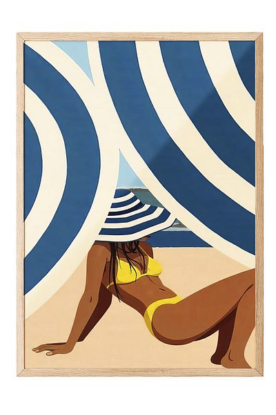 Postifull Wooden Framed Poster, Black Woman in Yellow Bikini, Illustration, Silver Color Poster, Summer of 2025