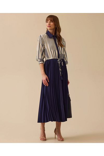 SCL Two Piece Look Striped Pleated Shirt Dress