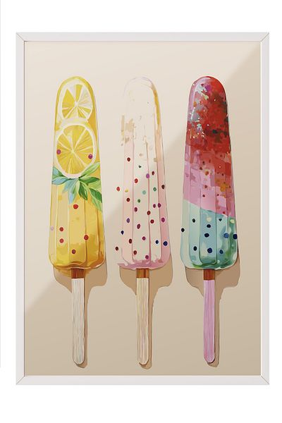 Postifull Pictură în cadru alb, înghețată, lămâie, ilustrație, ciudat, tonuri pastel, post de culoare multicoloră
