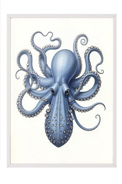 Postifull White Framed Poster, Octopus, Illustration, Blue Color Poster, 2025 Summer Selection, No:109619