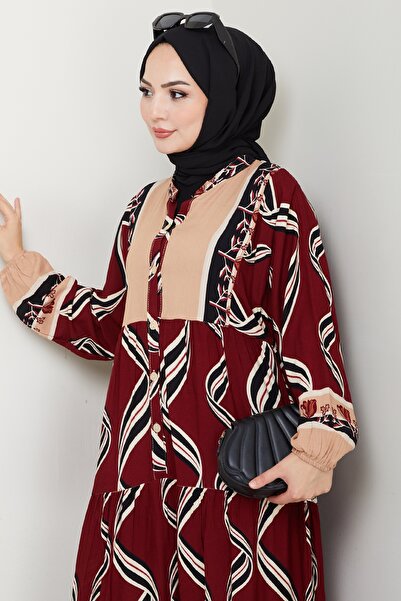 InStyle Shaped Spiral Pattern Viscose Dress Burgundy