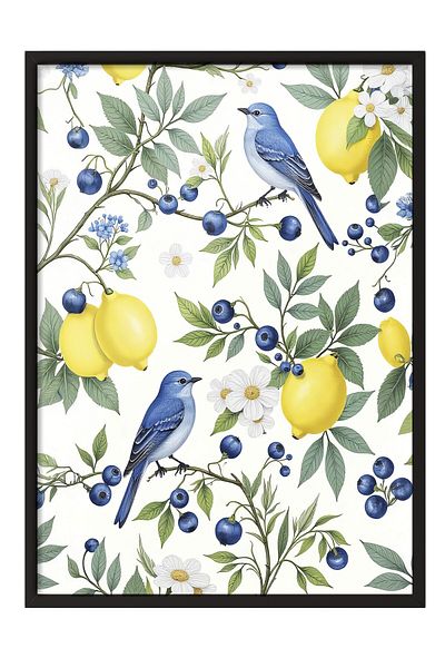 Postifull Black Framed Poster, Lemons with Birds, Illustration, Yellow Color Poster, 2025 Summer Selection, No:109541