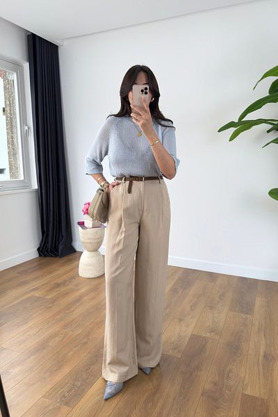 BİRCANÇİL Perla Beige Premium Belted Trousers