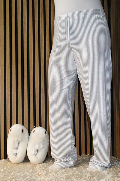 MODA Pink Heart Gray Striped Waist Detailed Elastic Pajama Bottom