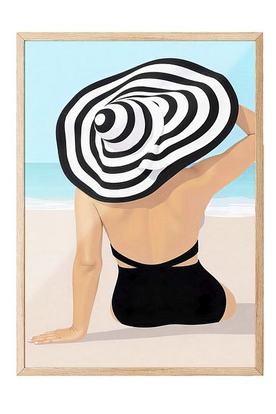 Postifull Wood Framed Poster, Woman on the Beach, Illustration, Black Color Poster, 2025 Summer Selection, No:109607