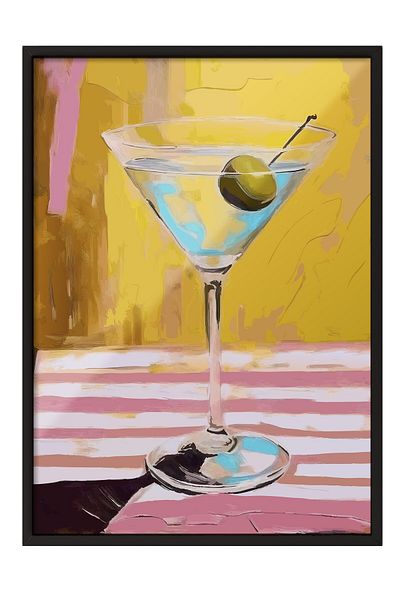Postifull Black Framed Painting, Martini Glass, Olive, Table Cloth, Acrylic Painting, Yellow, Pink Color Post