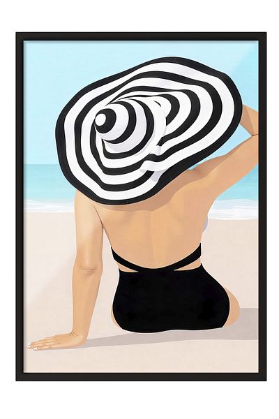 Postifull Black Framed Poster, Woman on the Beach, Illustration, Black Color Poster, Summer Selection 2025, No:109607