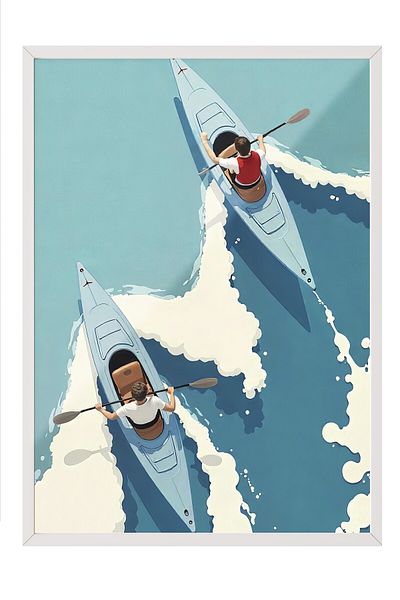 Postifull White Framed Poster, Men on a Boat, Illustration, Blue Color Poster, 2025 Summer Selection, No:1096