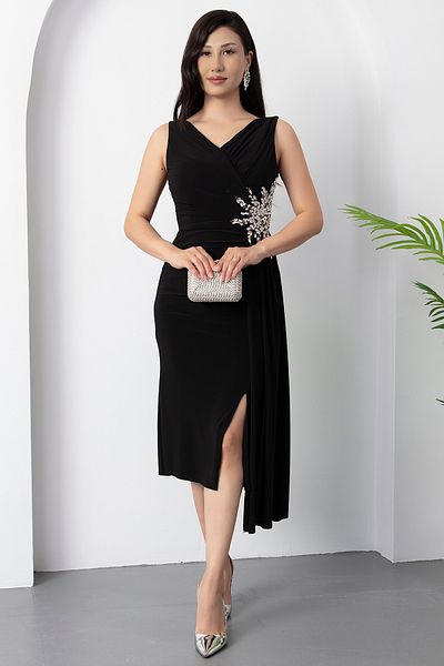 PULLIMM Rochie de seară scurtă cu decolteu cu strasuri în talie 13464