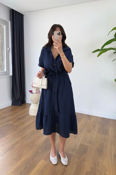BİRCANÇİL Alegra Navy Blue Belted Lined Midi Dress