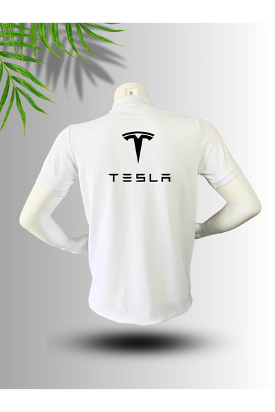 FROOY Tesla Logo Printed Polo Neck Cotton T-Shirt