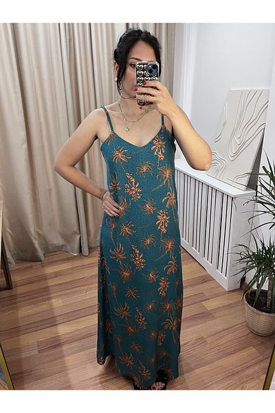 NARKISS Patterned Emerald Viscose Dress with Adjustable Strap