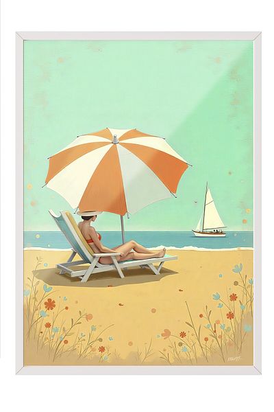 Postifull White Framed Poster, Woman by the Sea, Illustration, Blue Color Poster, Summer Selection of 2025, No: