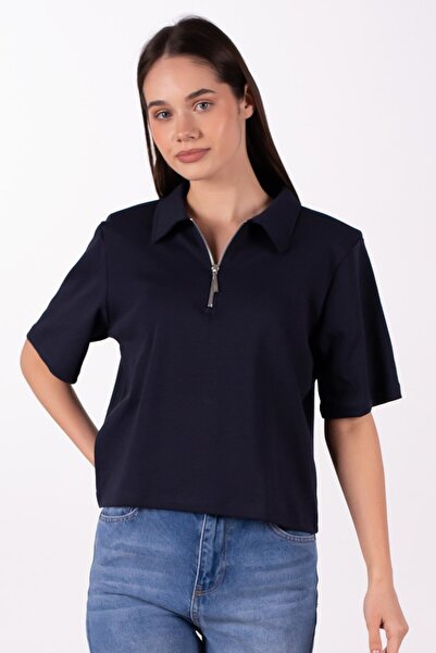 BARRELS AND OIL Women's Shoulder Pad Pack Zippered Polo Neck T-Shirt - Navy Blue