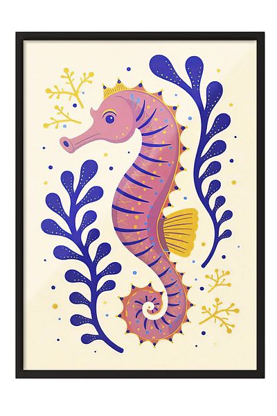 Postifull Black Framed Poster Painting, Pink Seahorse, Illustration, Pink Color Poster, 2025 Summer Selection, No: