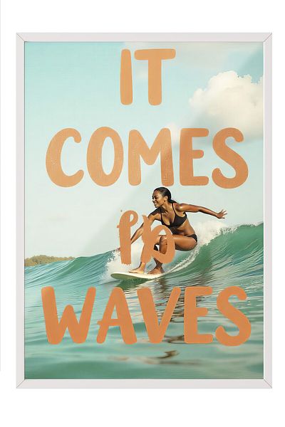 Postifull White Framed Painting, Waves Are Coming, Illustration, Maximalist, Blue Color Poster, 2025 Summer Selection