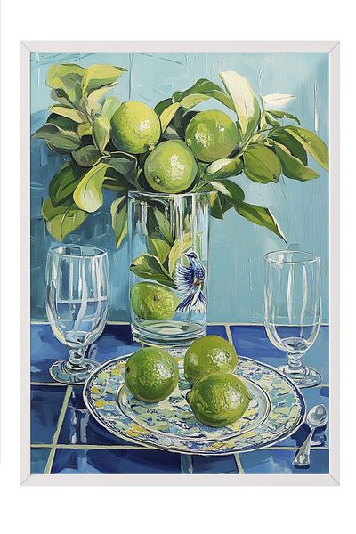 Postifull White Framed Painting, Lemon, Vase, Plate, Oil Painting, Green, Blue Color Poster, 2025 Summer Selection