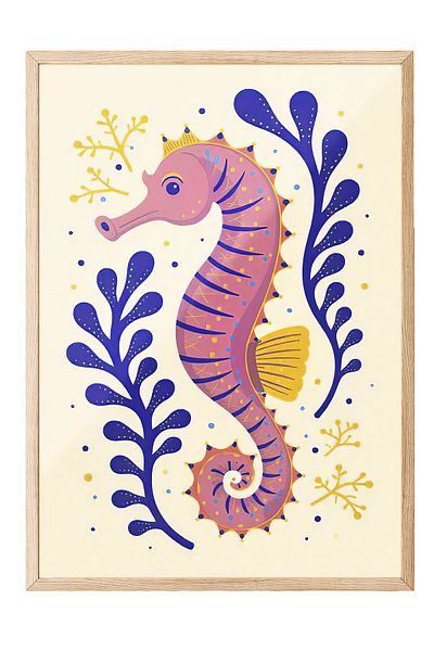 Postifull Wooden Framed Poster Painting, Pink Seahorse, Illustration, Pink Color Poster, 2025 Summer Selection, No: