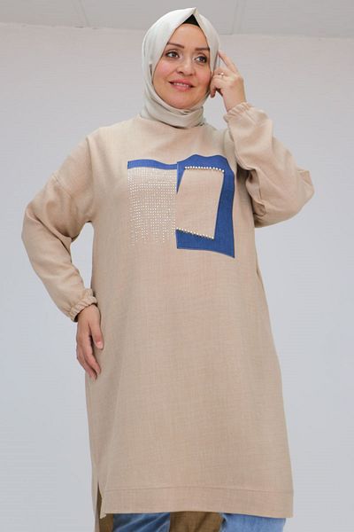 Eslina 58011 Large Size Linen Tunic with Tie Hem and Stone Detail on the Front - Beige