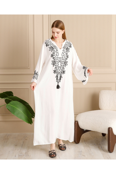 EL jadida Γυναικείο Κέντημα Μακρύ Φόρεμα Βισκόζης Λευκό