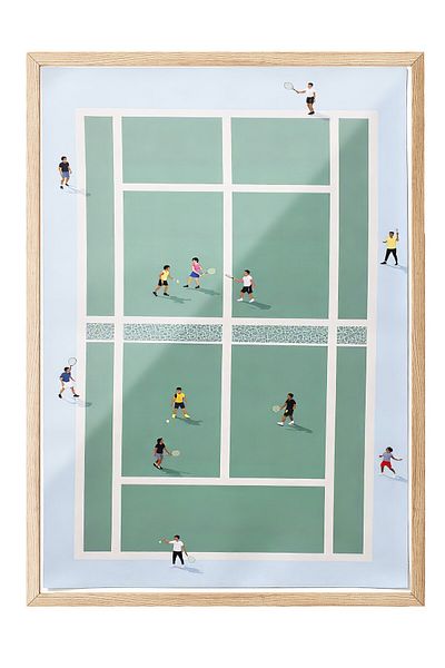 Postifull Wooden Framed Poster, Tennis Court, Illustration, Green Color Poster, 2025 Summer Selection, No:109536