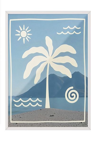 Postifull White Framed Painting, Palm Trees, Illustration, Maximalist, Blue Color Poster, 2025 Summer Selection