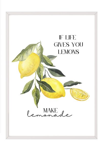 Postifull White Framed Painting, Lemons, Leaves, Text, Watercolor, Typography Based, Yellow, Green Color Pos