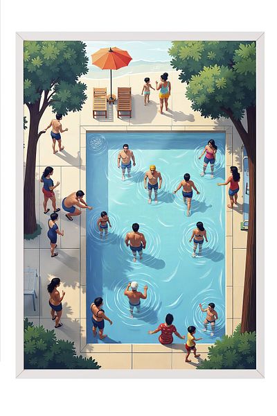 Postifull White Framed Painting, Crowd in the Pool, Illustration, Maximalist, Blue Color Poster, 2025 Summer Flake