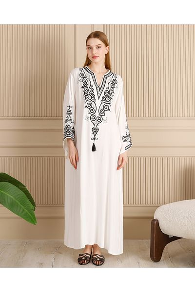 EL jadida Women's Embroidered Sleeve Flounced Viscose Long Dress White Black
