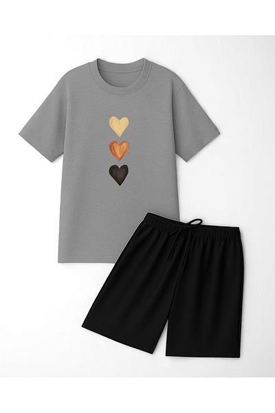 uyguntarz Unisex 3 Heart Printed Design Shorts Set